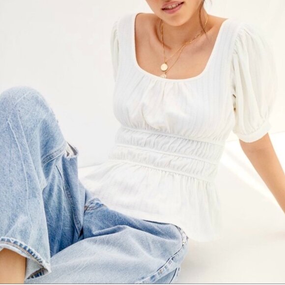 Sz XL- NWT Maeve Anthro Cream Romantic Puff Sleeve Ruched Waist Milkmaid Top - Picture 11 of 11
